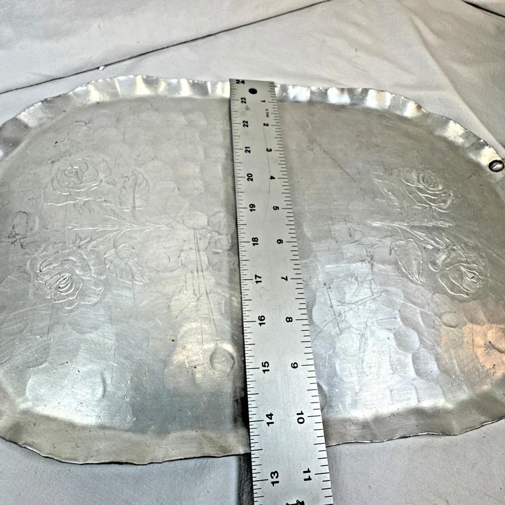 Vintage Aluminum Tray  Forged Hammered Floral Design  Serving Tray  USA